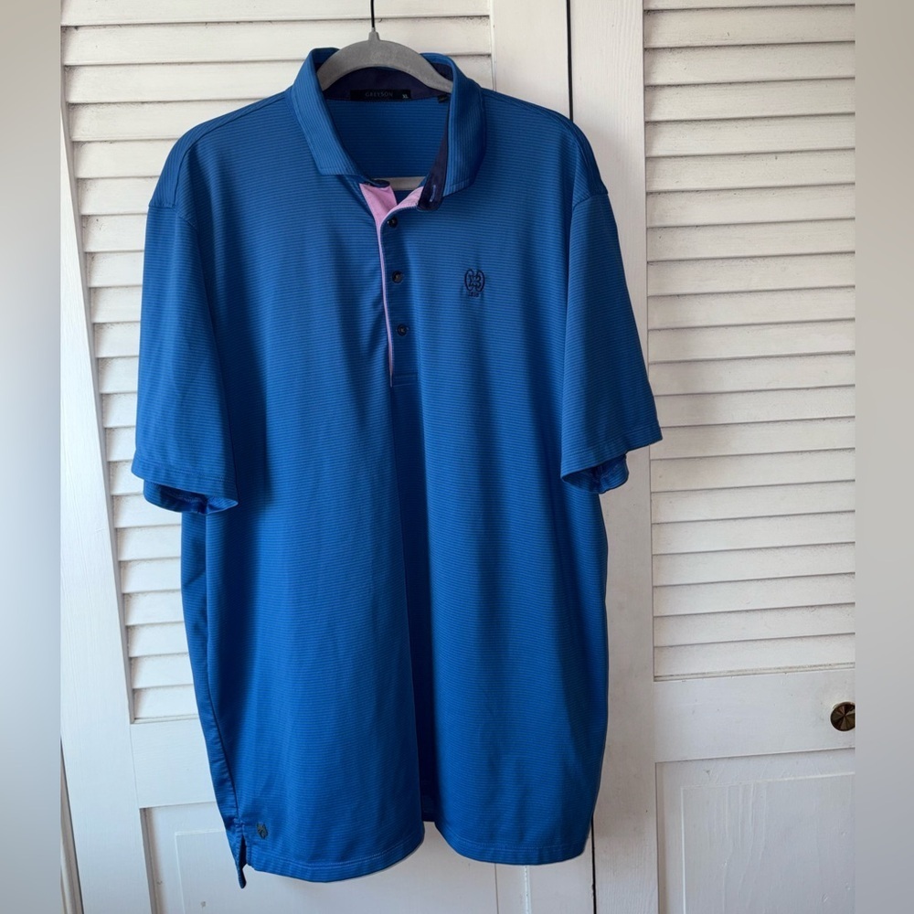 Greyson Performance Golf Polo XL Blue Micro Stripe Pink Trim - Picture 3 of 8